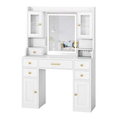 Large White Vanity Desk with Mirror and Lights, Makeup Dressing Table Vanity Table,3 Lighting Modes,Charging Station