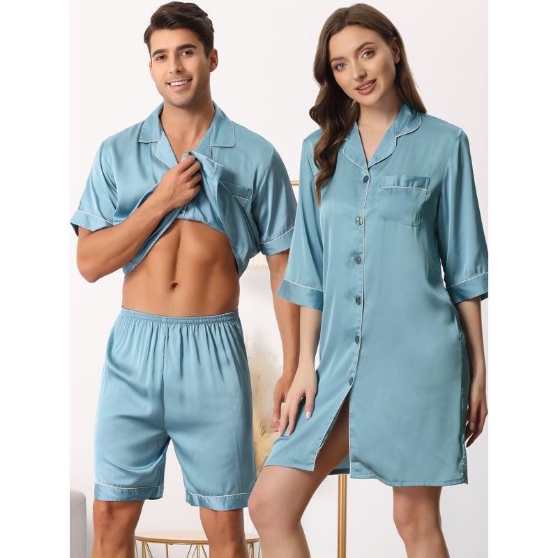 cheibear Men Satin Button Down Pajama Sets Short Sleeve Shirt and Shorts Sleepwear, 3 of 7