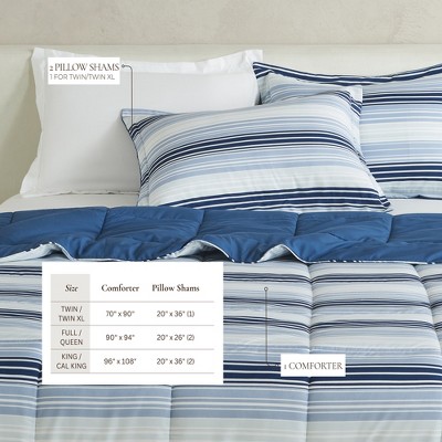 King Size Blue Gradient Stripe Reversible Microfiber Comforter Set