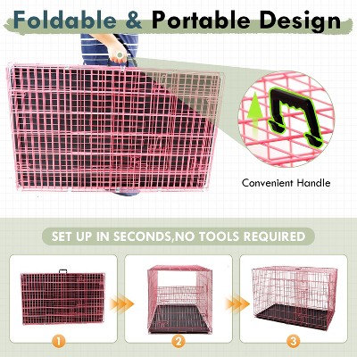 36 Inch Pink Metal Dog Crate with Double Door and Tray
