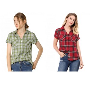 Allegra K Women's Classic Short Sleeve Button Down Plaid Shirt 2 Pcs - 1 of 4