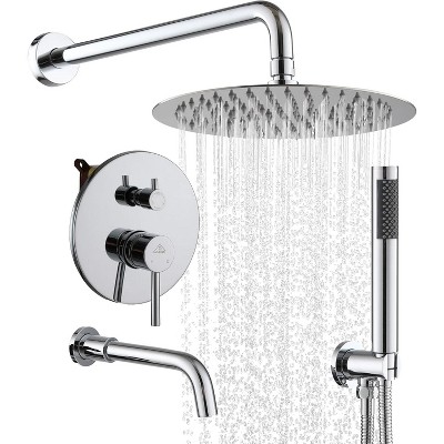 CASAINC 10" Inch Wall Mounted Round Shower System Set with Handheld Spray & Tub Spout