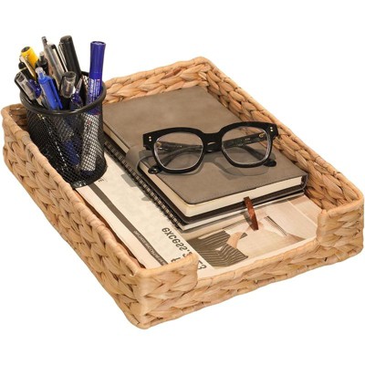 BRINJOY Water Hyacinth Desktop Storage Tray - Handwoven A4 Letter Mail Sorter, Magazine Folder with Metal Frame, Natural Office Storage Basket