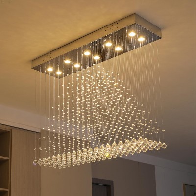 Ludomide Modern Rectangle Crystal Chandeliers, Flush Mount Raindrop Ceiling Light Fixture, 10 Lights for Dining Room and Kitchen Island