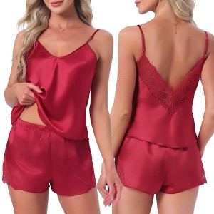 INSPIRE CHIC 2 Pcs Women's Satin Pajamas Silky Soft V-Neck Lace Trim Lingerie Camisole Tops with Shorts Loungewear Set - 1 of 4