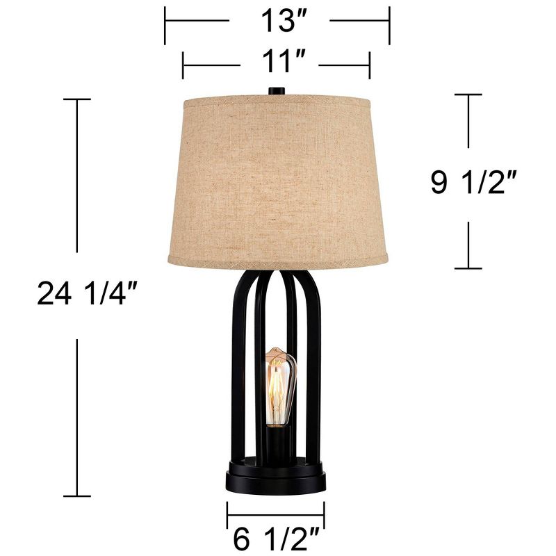 360 Lighting Marcel Industrial Table Lamps 24 1/4" High Set of 2 Black with USB Port LED Nightlight Burlap Drum Shade for Bedroom Living Room Desk, 5 of 11
