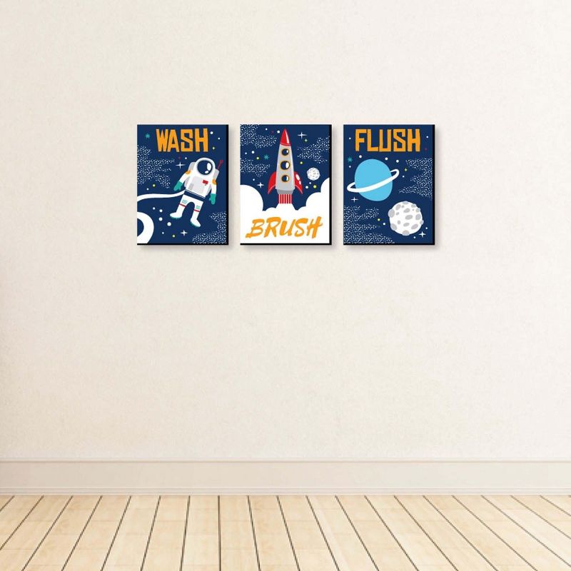 Big Dot of Happiness Blast Off to Outer Space - Kids Bathroom Rules Wall Art - 7.5 x 10 inches - Set of 3 Signs - Wash, Brush, Flush, 3 of 8