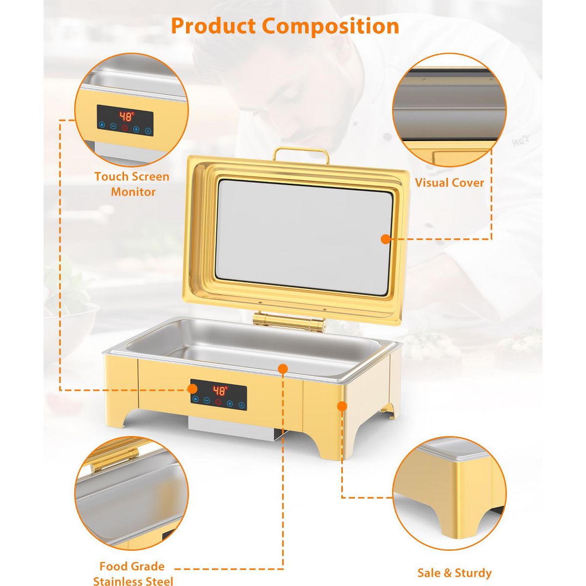 9QT Full-Size Electric Chafing Dish Set. Professional roll-top food warmer with precise touch screen thermostat and glass lid for catering - thumbnail 7