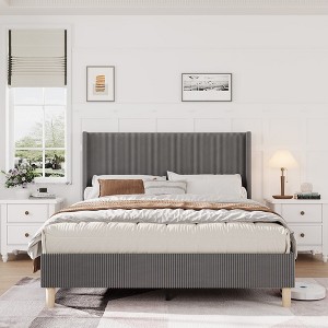 Full/Queen/King Size Bed Frame, Upholstered Platform Velvet Bed Frame with Vertical Channel Tufted Wingback Headboard - 1 of 4