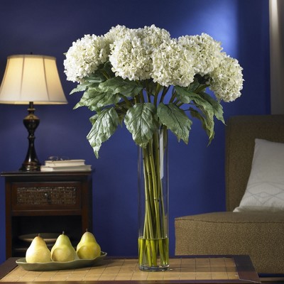 White Hydrangea Silk Flower Arrangement with Tall Vase