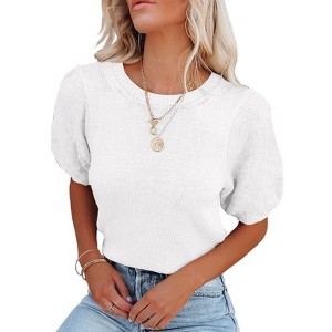 Women's Lightweight Short Sleeve Crewneck Sweaters Knit Pullover Tops with Casual Crochet Sleeve Blouse,Bleach(Basic Sleeve) - M - 1 of 3