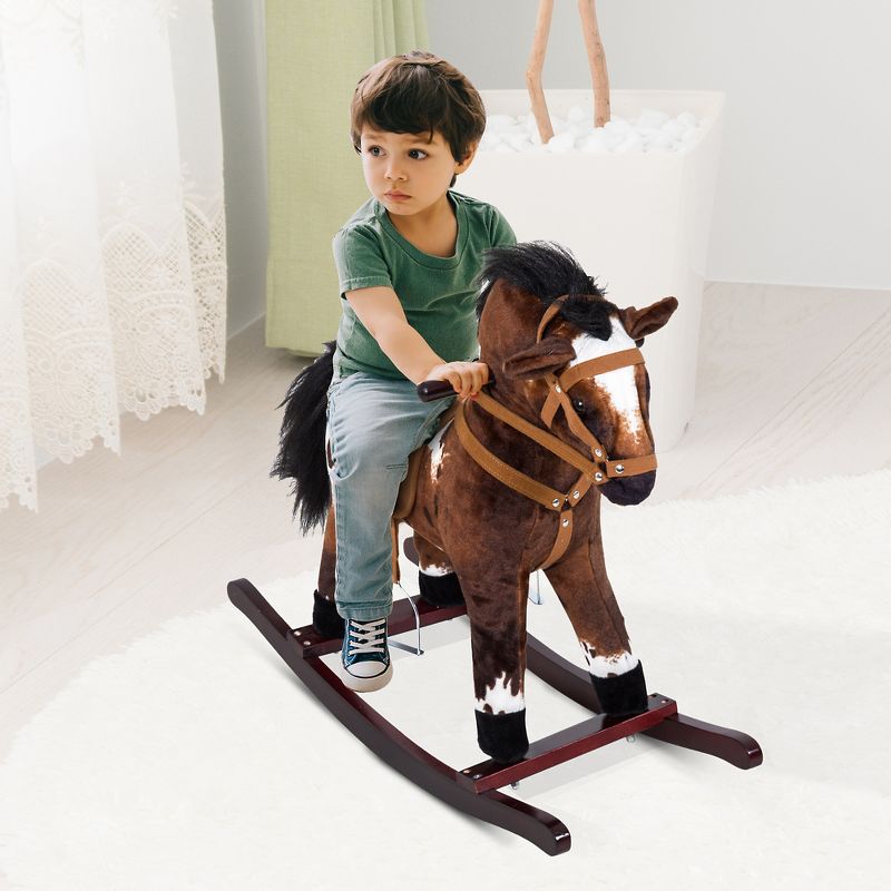 Qaba Kids Metal Plush Ride-On Rocking Horse Chair Toy With Realistic Sounds - Dark Brown/White, 4 of 10