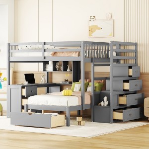 NicBex Full over Twin Bunk Bed with Desk Wood Bed Frame with 5 Drawers, Shelves, Stairs and Full Length Guardrail, No Box Spring Required - 1 of 4