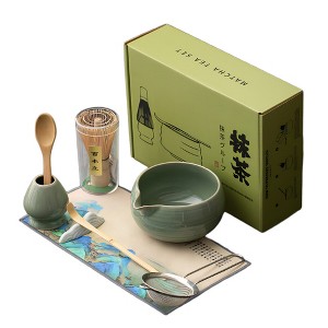 Set Matcha Completo 4 Pezzi In Bambù - Frusta, Ciotola 450ml, Portafrusta E Misurino - Kit Cerimonia Del Tè Con Scopa E Ciotola, Verde Matcha