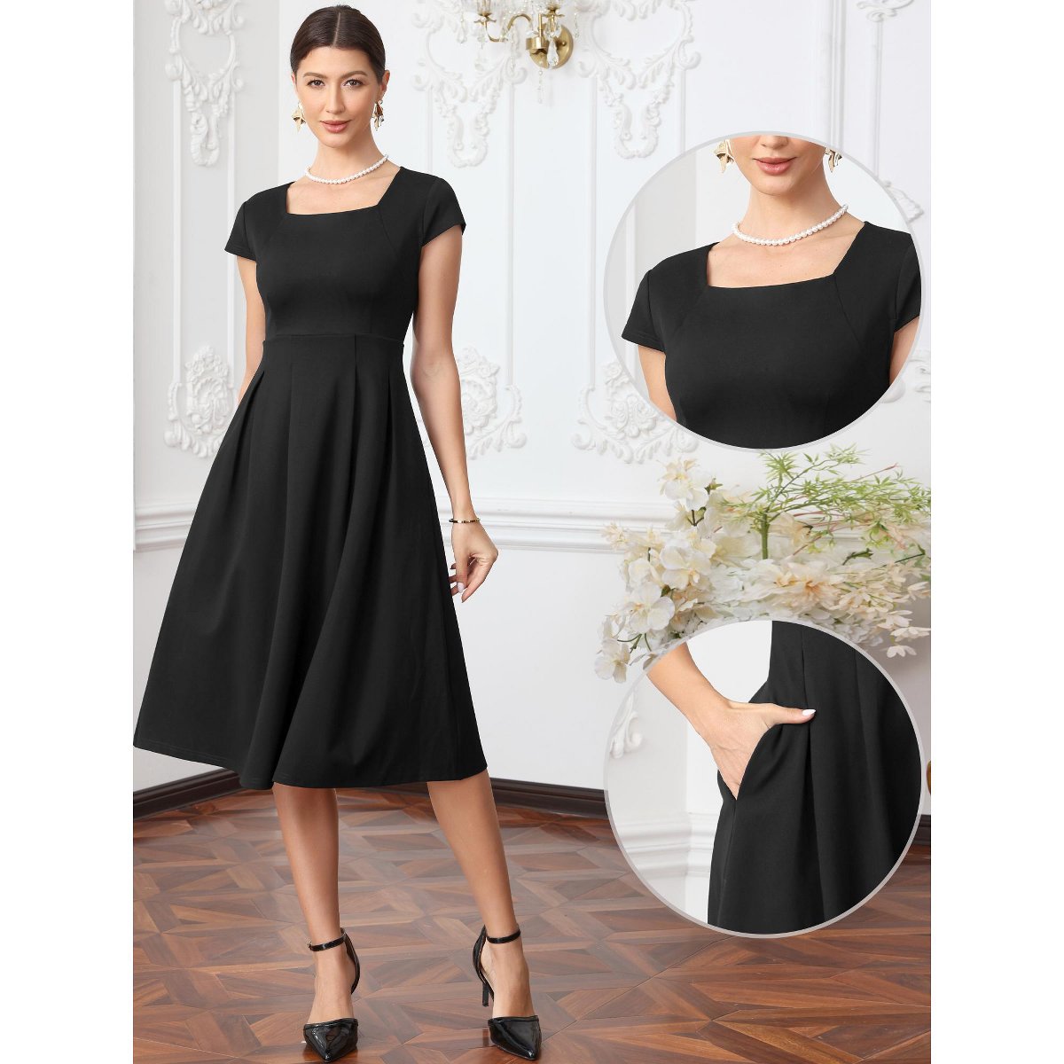 Женские платья INSPIRE CHIC Women's Vintage Square Neck Cap Sleeve Causal A-Line Midi Dresses Small Black — фото 2