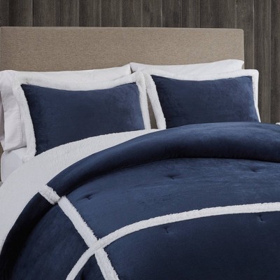 Navy Twin Plush to Sherpa Comforter Set with Bear Pillow