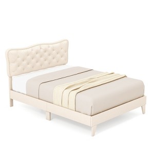 Infans Full Upholstered Platform Bed Frame Button-Tufted Headboard Mattress Foundation - 1 of 4
