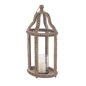 Olivia & May 29" x 13" Rustic Glass/Wood Cage Style Candle Holder Brown: Traditional Wooden Lantern, Tabletop Centerpiece - 1 of 4