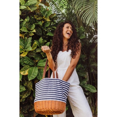 Blue and White Canvas and Willow Picnic Basket Tote