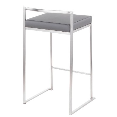 Modern Stainless Steel Counter Stools with Grey Faux Leather Cushion - Set of 2