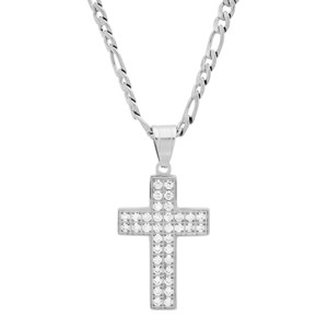 Steeltime 24" Men's stainless steel and simulated diamond cross pendant. Color Options: Silver, Black - 1 of 4