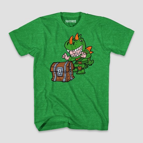 boys fortnite dinoguy chibi chest short sleeve t shirt green heather - fortnite chibi