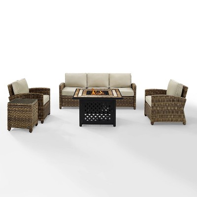 Bradenton 5pc Outdoor Wicker Sofa Seating Set with Fire Table - Sand - Crosley