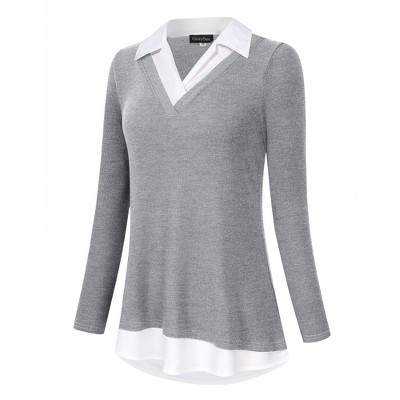 Clearlove Women's Long Sleeve V Neck Contrast Collar Shirt A-line Pleated Office Tunic