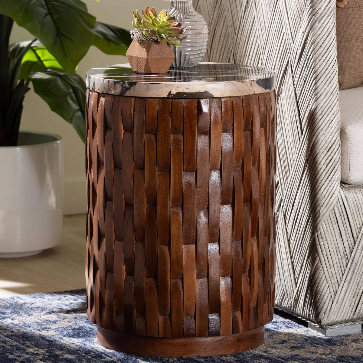 bali & pari Lavanya End Table with Petrified Wood Top Teak Wood Frame Black/Cream/Brown - thumbnail 7