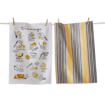 tagltd Set of 2 Fromage Cheese Themed with Coordinating Yellow and Black Stripe Cotton   Kitchen Dishtowels 26L x 18W in. Decoration Décor