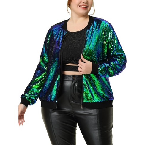 Agnes Orinda Women's Plus Size Metallic Sequin Sparkle Zip Bomber Jacket Green 1x : Target
