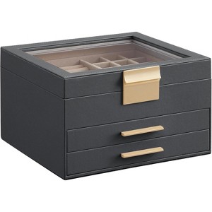 Glass Lid Jewelry Box 3 Layers 2 Drawers Modern White and Gold Finish Storage Organizer Display Case - 1 of 4