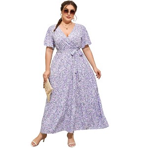 BLUEMING Summer Maxi Dress for Plus Size Women Tie Wasit Surplice Dress Flutter Sleeve A-Line Dress - 1 of 4