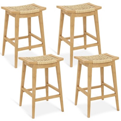 Costway 1/2/4 PCS 29" Teak Wood Bar Stool with Footrest & Saddle Seat Boho Bar Height Stool