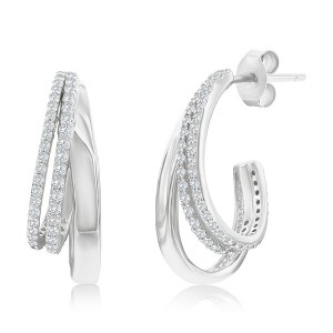 Bella Silver Sterling Silver, Triple Row CZ & Polished Half Hoop Earrings - Silver - 1 of 2
