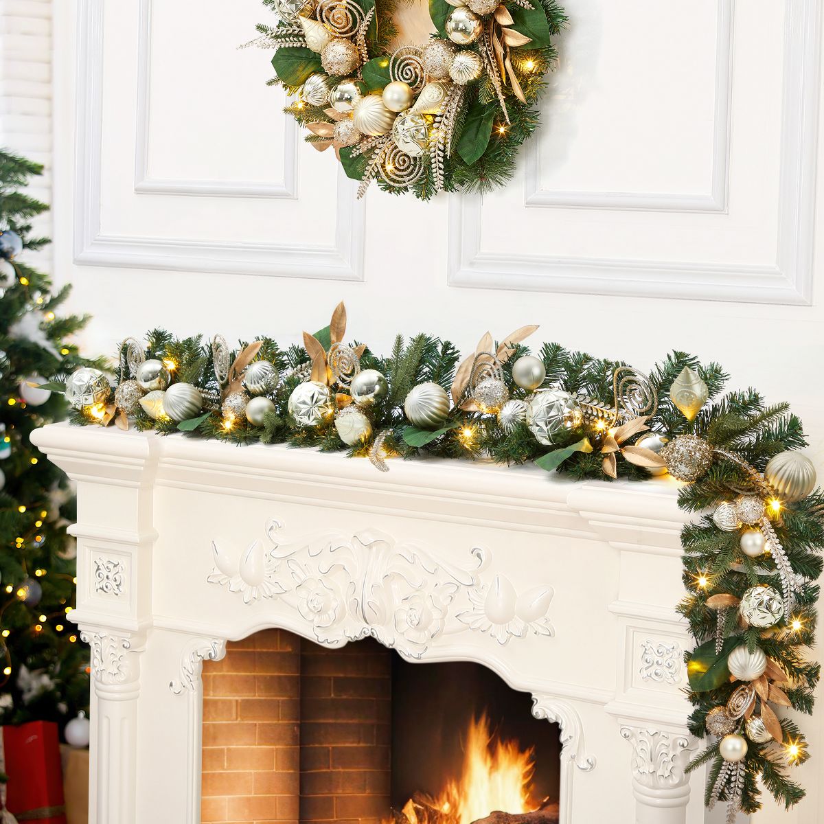 Garvee 6Ft Gold Christmas Garland with Gold Leaves & Ornaments - Modern Minimalist Artificial Pine Garland for Mantel, Staircase Holiday Decor - thumbnail 2