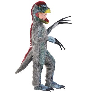 HalloweenCostumes.com Medium   Kid's Therizinosaurus Dinosaur Costume | Prehistoric Jumpsuit with Hood,  & Shoe Covers, Gray/Blue/Red - 1 of 4
