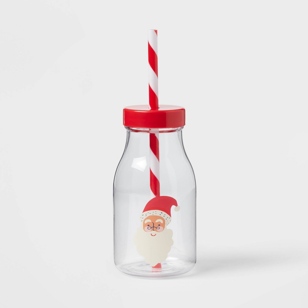 12oz Plastic Santa Milk Jug with Straw White/Red - Wondershop