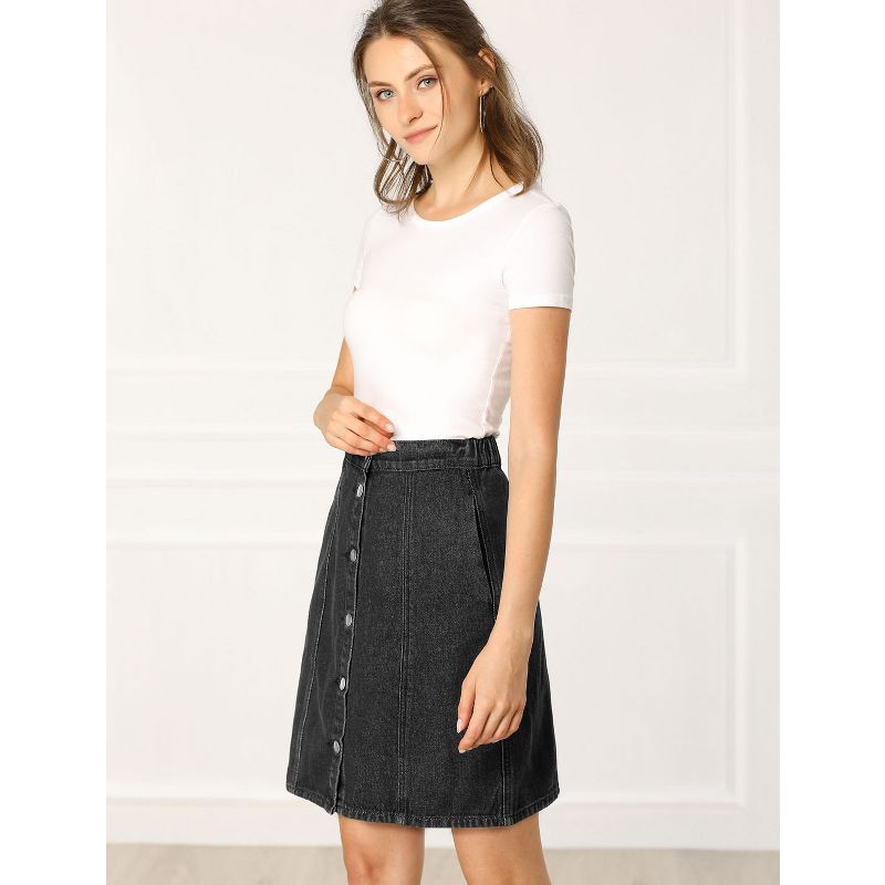 Allegra K Women's Elastic Back Short Button Down Denim Skirts with Pockets, 3 of 7