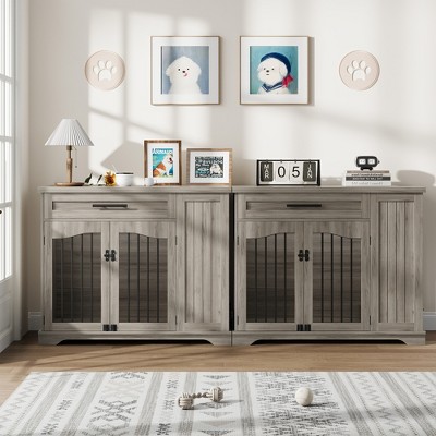 Furniture Style Dog Crate for Large Dogs, 44 Inch Wooden Dog Kennel Furniture with Drawer & Side Storage and Bulit-In Feeding Station