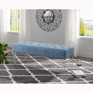 Roundhill Furniture Valley Button tufted Velvet Upholstered Bench With Acrylic Leg, Blue - 1 of 4