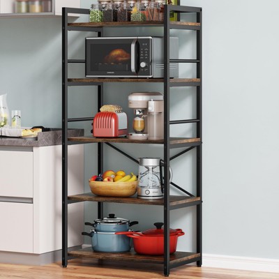 Denkee 5-Tier Baker Rack, Industrial Microwave Stand Shelf, Coffee Bar for Small Spaces, Free Standing Kitchen Shelf with Storage, Black/Brown/Gray