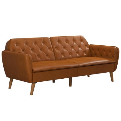 Camel Faux Leather Tufted Split Back Sleeper Sofa
