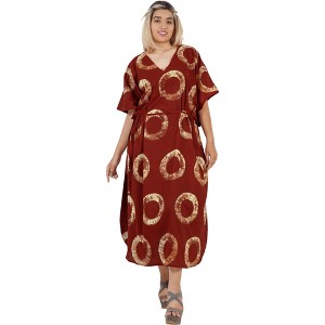 LEELA Women's Summer Maxi Nightdress Cover Up Gown Caftan Loungewear Dashiki House Dresses for Women 3X-4X Red, Polka Dots - 1 of 4