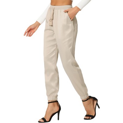 INSPIRE CHIC Women's Drawstring Elastic Waist Ankle Length Satin Joggers Pants with Pocket