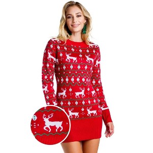 Tipsy Elves Women's Red Reindeer Sweater Dress - Fair Isle Holiday Sweater - 1 of 4