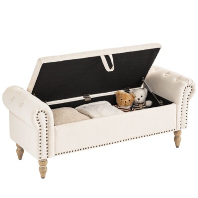 Furniliving 51” Button-Tufted Large Upholstered Bench Ottoman Linen with Storage, for Bedroom/Entryway/Living Room