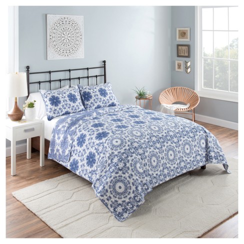 Blue White Medallion Stella Reversible Quilt Set King 3pc