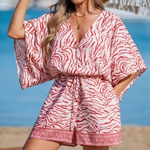 Women's Chic Zebra Print Beach Romper with Drawstring Waist - Cupshe - 1 of 4