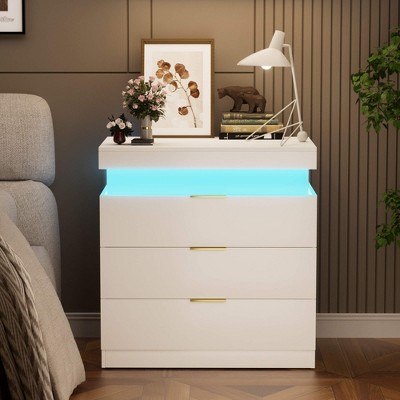 ORRD Nightstand with Charging Station & LED Lights, Sliding Top Bedroom Table with Drawers, Modern End Table, White